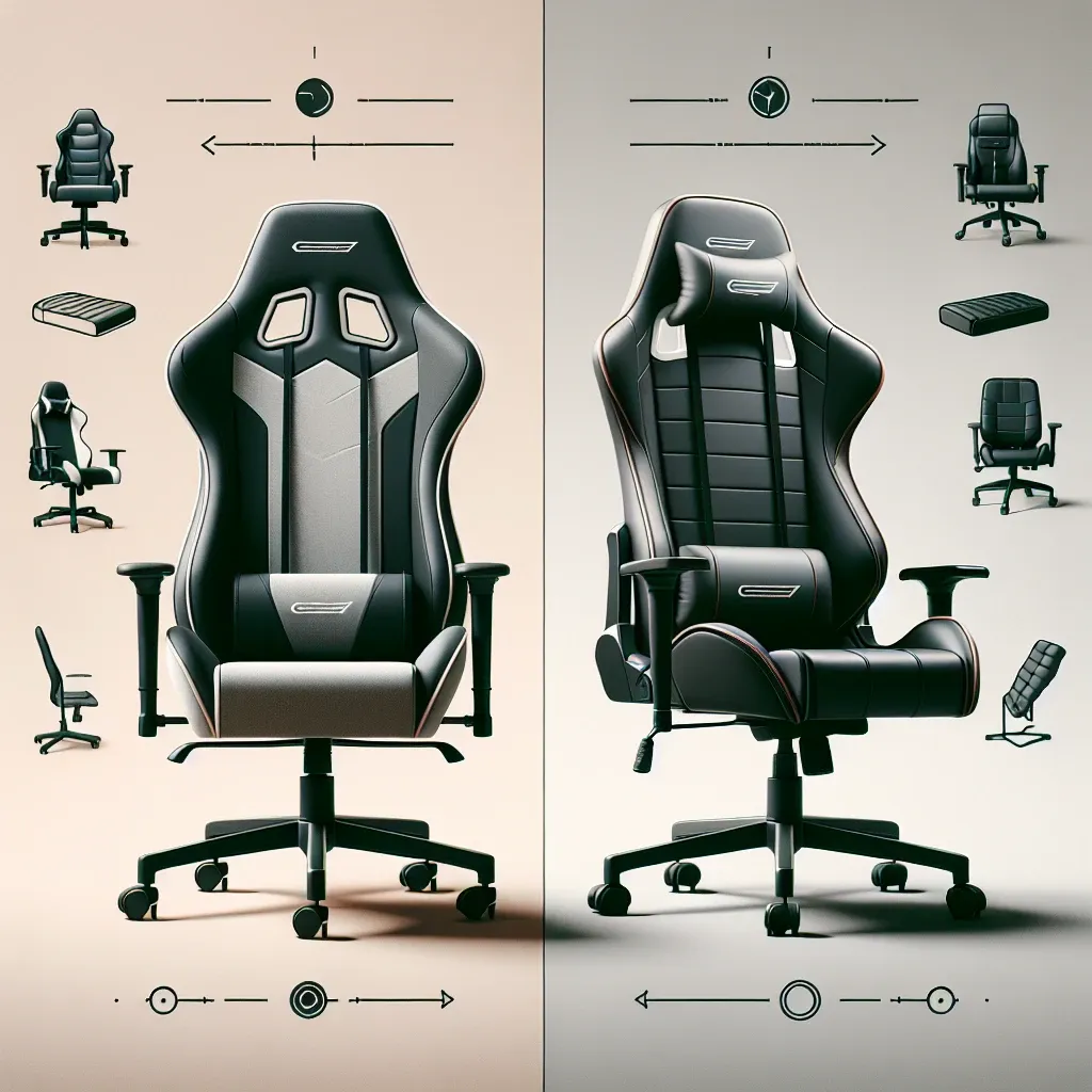 "Side-by-side comparison of racing style and office design gaming chairs showcasing ergonomic features and comfort levels in a gaming setup."