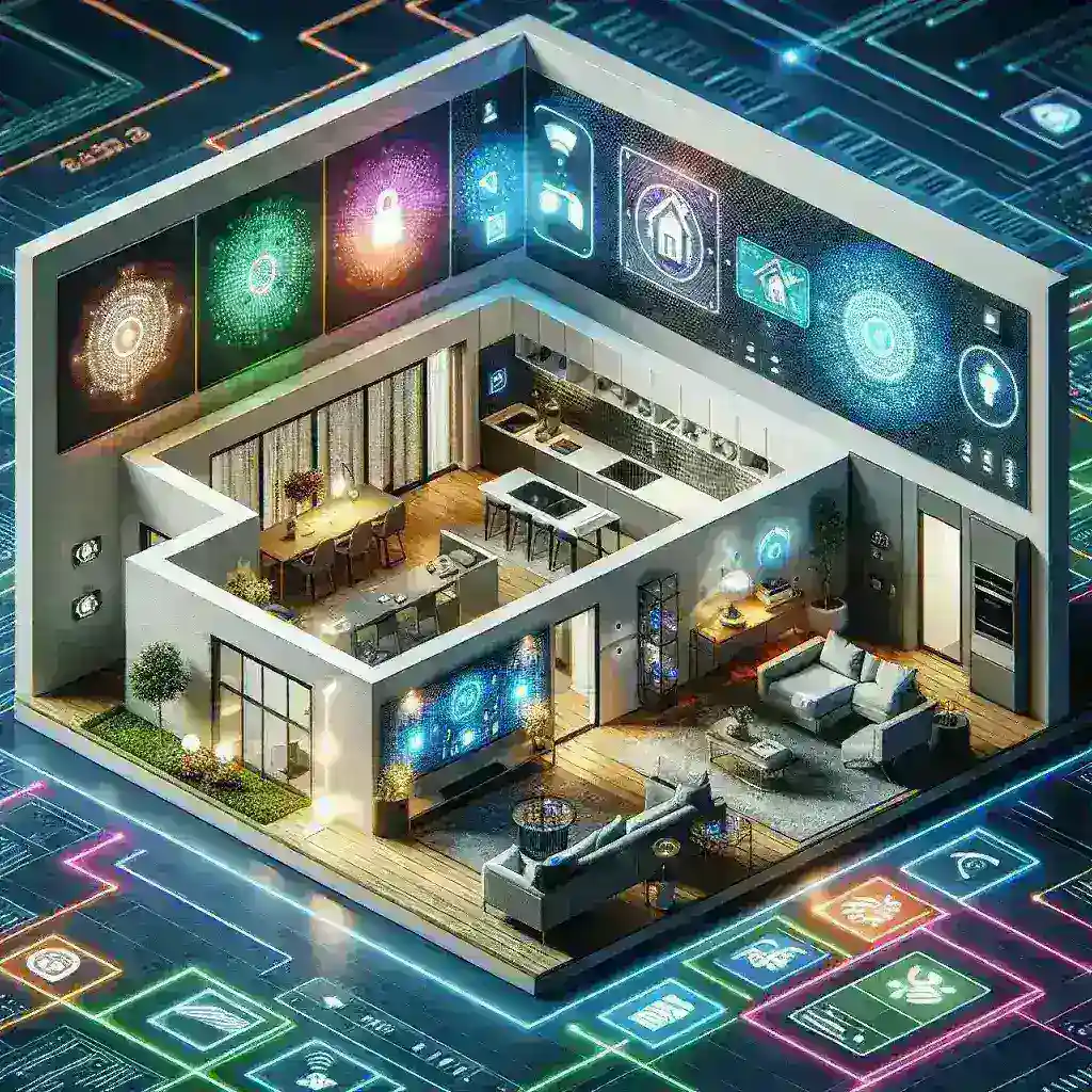 "Smart home devices showcasing Matter 2.0 interoperability, highlighting new capabilities in automation, connectivity, and user experience for a seamless smart home environment."