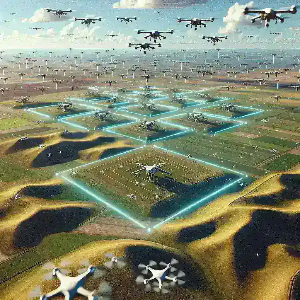 "U.S. Department of Defense AI-powered drone swarm coordination demonstration, showcasing multiple drones collaborating in-flight for advanced military operations."
