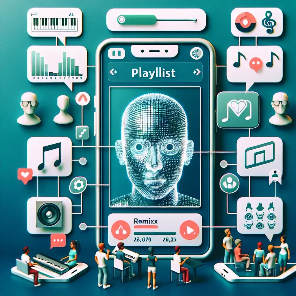 "Spotify logo with AI graphics overlay, representing the launch of fan-driven remix competitions in the U.S. app, highlighting innovative music technology and community engagement."