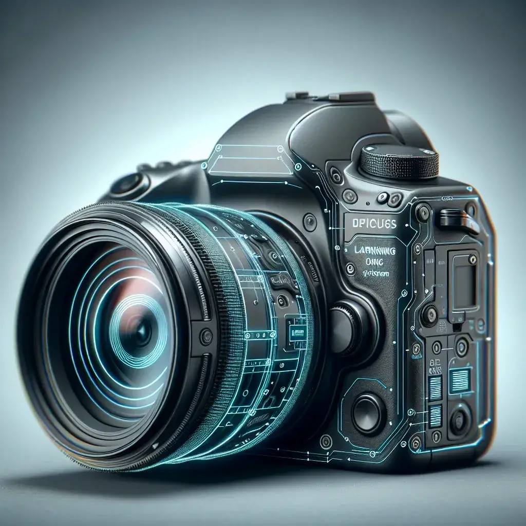 "Close-up of Nikon camera with AI enhanced autofocus settings displayed on the screen, showcasing the latest firmware updates."